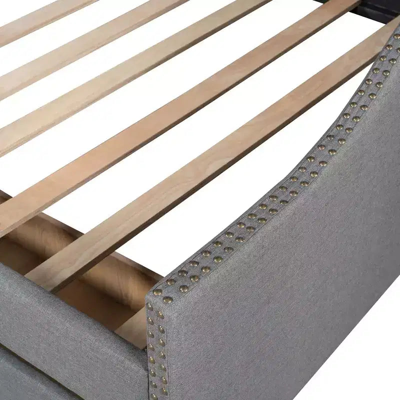 Sofá cama tapizado con dos cajones, soporte de listones de madera, tamaño matrimonial beige
