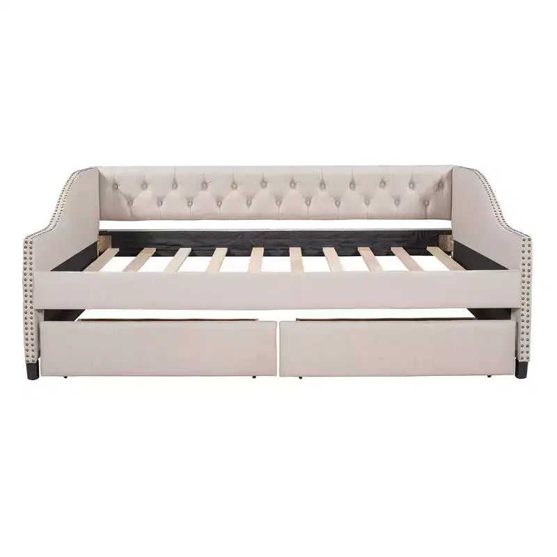 Sofá cama tapizado con dos cajones, soporte de listones de madera, tamaño matrimonial beige