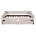 Sofá cama tapizado con dos cajones, soporte de listones de madera, tamaño matrimonial beige