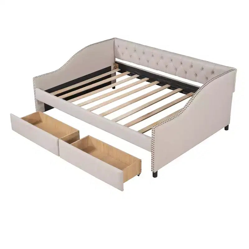 Sofá cama tapizado con dos cajones, soporte de listones de madera, tamaño matrimonial beige