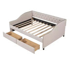 Sofá cama tapizado con dos cajones, soporte de listones de madera, tamaño matrimonial beige