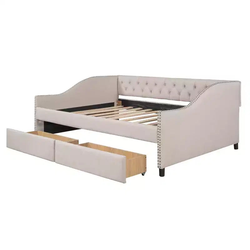 Sofá cama tapizado con dos cajones, soporte de listones de madera, tamaño matrimonial beige