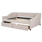 Sofá cama tapizado con dos cajones, soporte de listones de madera, tamaño matrimonial beige