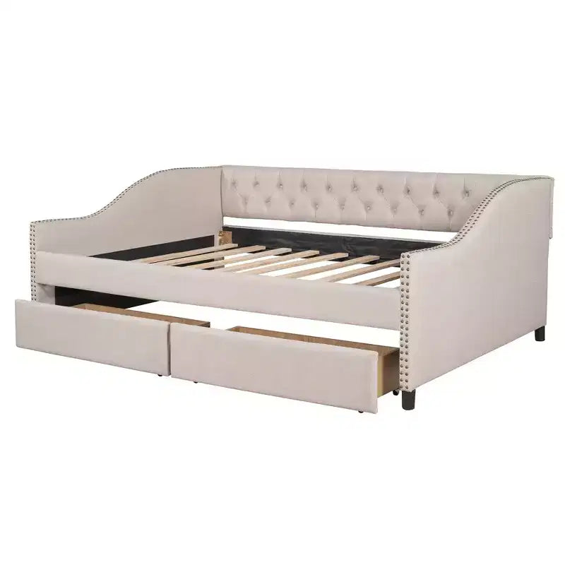 Sofá cama tapizado con dos cajones, soporte de listones de madera, tamaño matrimonial beige