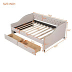 Sofá cama tapizado con dos cajones, soporte de listones de madera, tamaño matrimonial beige