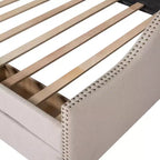 Sofá cama tapizado con dos cajones, soporte de listones de madera, tamaño matrimonial beige