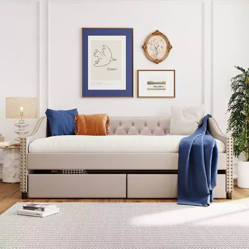Upholstered daybed with Two Drawers Wood Slat Support Beige Full Size