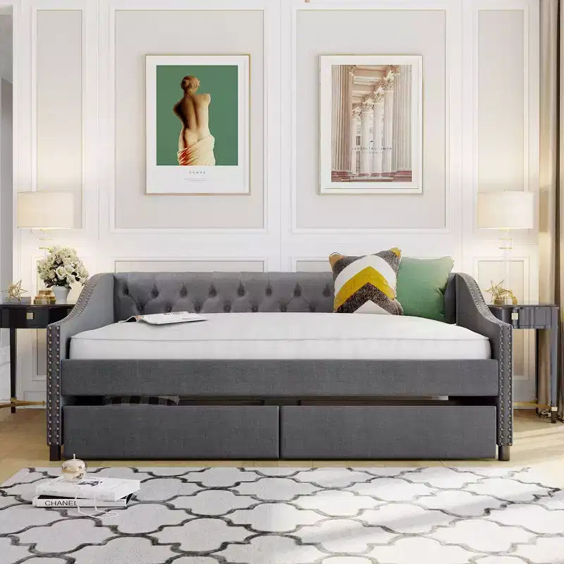Sofá cama tapizado con dos cajones, soporte de listones de madera, tamaño matrimonial beige