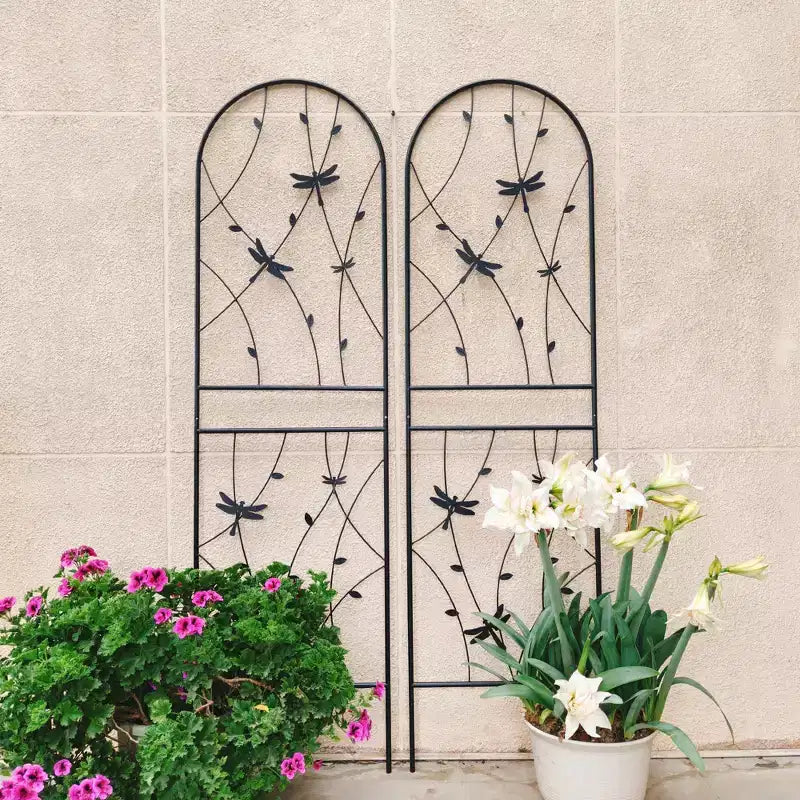 Paquete de 2 celosías de metal para jardín de 71 x 19.7 pulgadas - Inoxidables, con decoración de libélula negra, para plantas trepadoras y flores de exterior