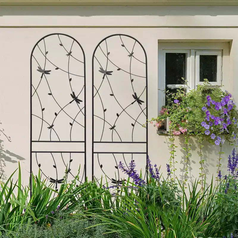 Paquete de 2 celosías de metal para jardín de 71 x 19.7 pulgadas - Inoxidables, con decoración de libélula negra, para plantas trepadoras y flores de exterior