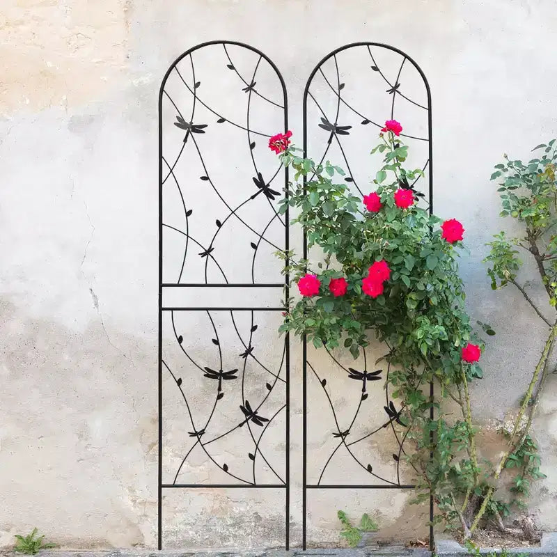 Paquete de 2 celosías de metal para jardín de 71 x 19.7 pulgadas - Inoxidables, con decoración de libélula negra, para plantas trepadoras y flores de exterior