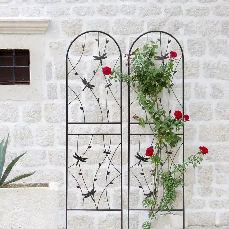 Paquete de 2 celosías de metal para jardín de 71 x 19.7 pulgadas - Inoxidables, con decoración de libélula negra, para plantas trepadoras y flores de exterior