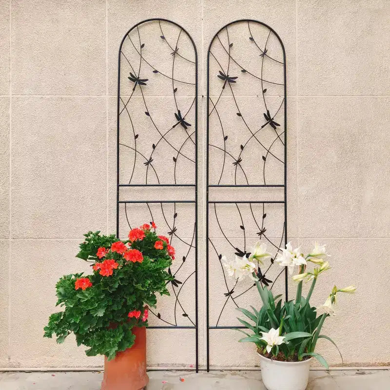 Paquete de 2 celosías de metal para jardín de 71 x 19.7 pulgadas - Inoxidables, con decoración de libélula negra, para plantas trepadoras y flores de exterior