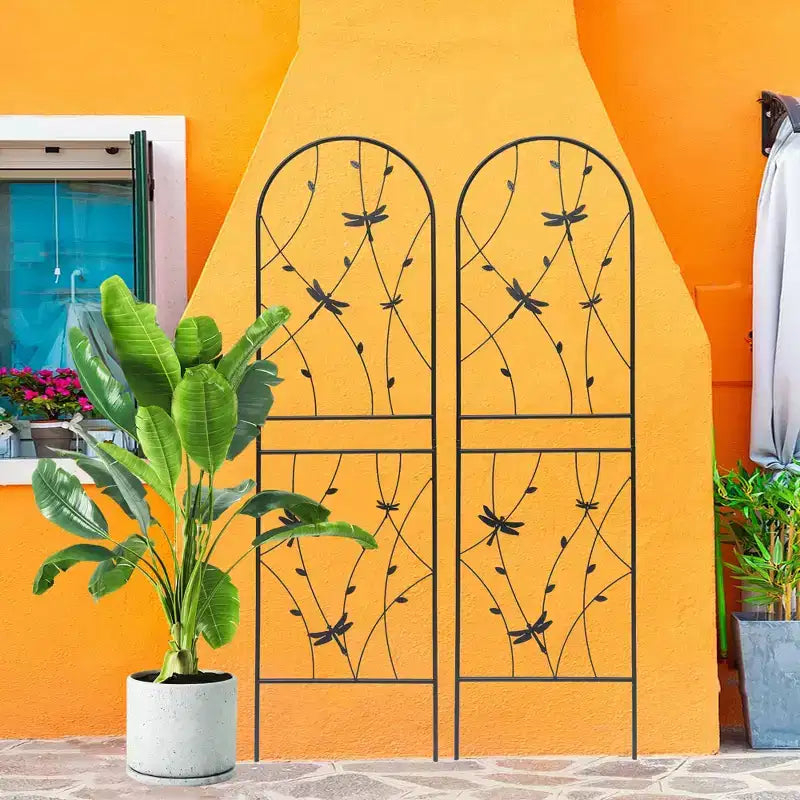 Paquete de 2 celosías de metal para jardín de 71 x 19.7 pulgadas - Inoxidables, con decoración de libélula negra, para plantas trepadoras y flores de exterior