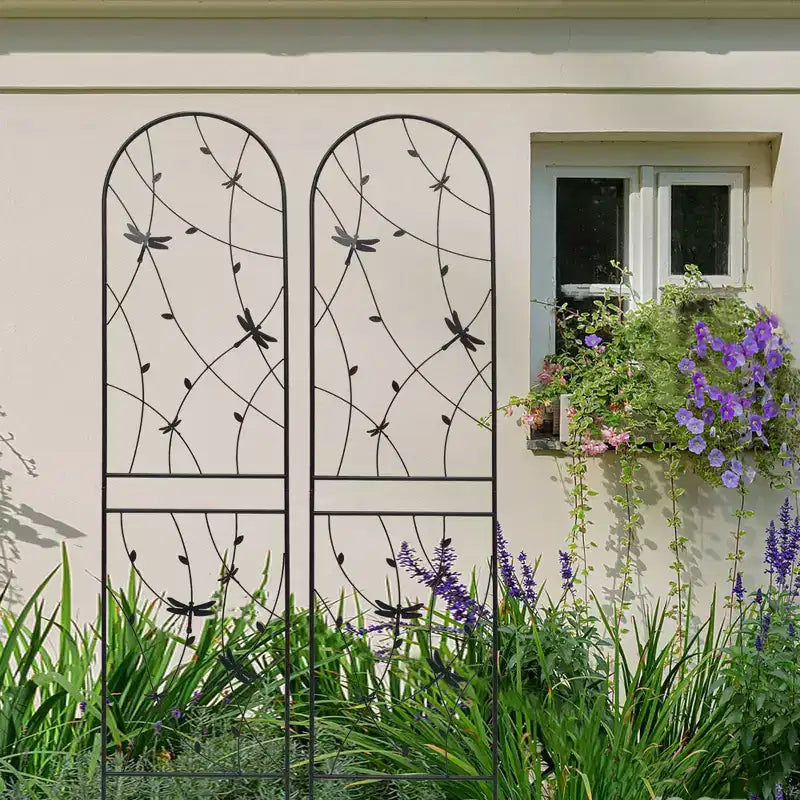 Paquete de 2 celosías de metal para jardín de 71 x 19.7 pulgadas - Inoxidables, con decoración de libélula negra, para plantas trepadoras y flores de exterior