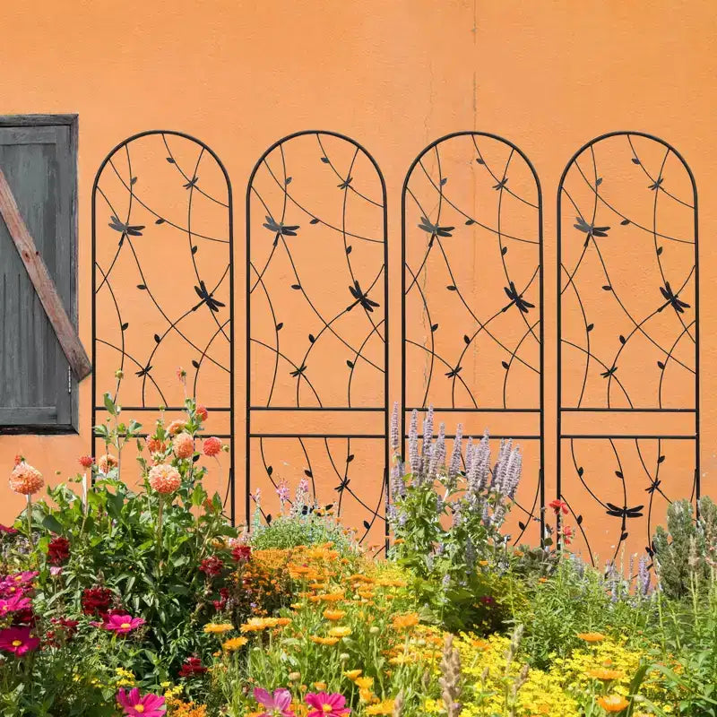 Paquete de 2 celosías de metal para jardín de 71 x 19.7 pulgadas - Inoxidables, con decoración de libélula negra, para plantas trepadoras y flores de exterior
