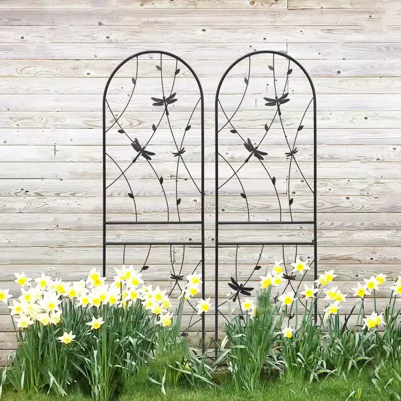 Paquete de 2 celosías de metal para jardín de 71 x 19.7 pulgadas - Inoxidables, con decoración de libélula negra, para plantas trepadoras y flores de exterior