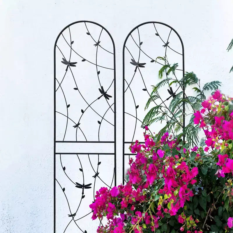 Paquete de 2 celosías de metal para jardín de 71 x 19.7 pulgadas - Inoxidables, con decoración de libélula negra, para plantas trepadoras y flores de exterior