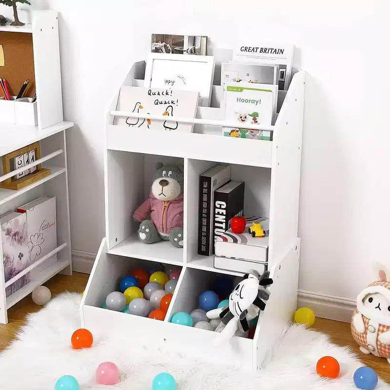 Organizador y estantería de juguete de madera de 3 niveles para niños - Sistema de almacenamiento de 4 compartimentos