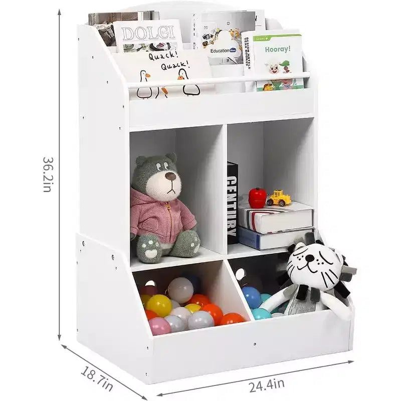 Organizador y estantería de juguete de madera de 3 niveles para niños - Sistema de almacenamiento de 4 compartimentos
