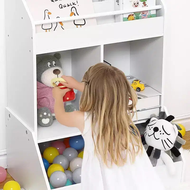 Organizador y estantería de juguete de madera de 3 niveles para niños - Sistema de almacenamiento de 4 compartimentos