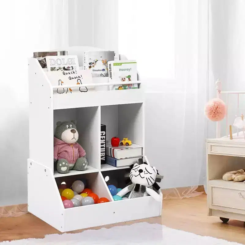 Organizador y estantería de juguete de madera de 3 niveles para niños - Sistema de almacenamiento de 4 compartimentos