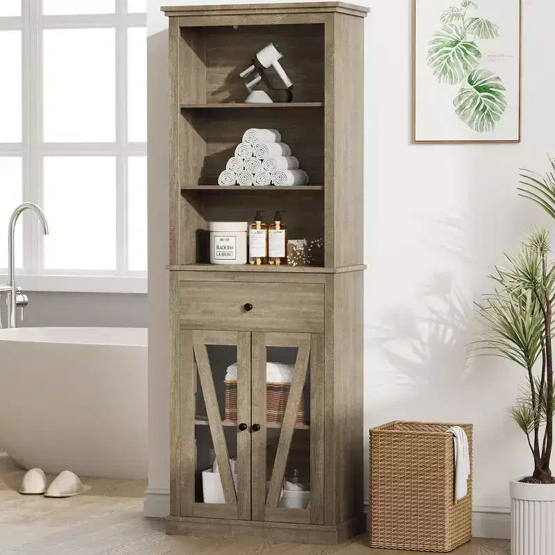 GustoWave Farmhouse Narrow Tall Linen Tower - 66.5 Freestanding Bathroom, Living Room, Kitchen Storage Cabinet with 5 Shelves & Adjustable Shelf