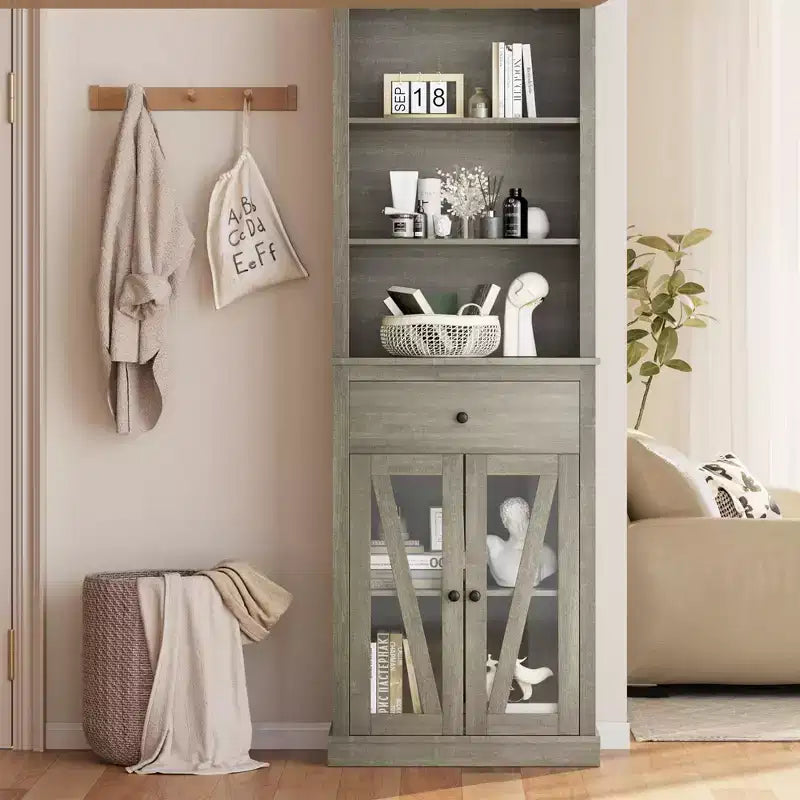 Mueble alto estrecho de lino estilo rústico - 66.5 Armario de almacenamiento independiente para baño, sala de estar, cocina con 5 estantes y estante ajustable