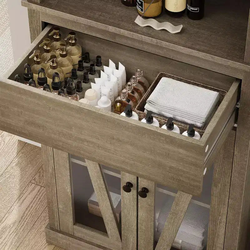 Mueble alto estrecho de lino estilo rústico - 66.5 Armario de almacenamiento independiente para baño, sala de estar, cocina con 5 estantes y estante ajustable