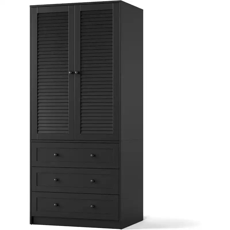 Armoire Wardrobe Closet with Drawers, 69.5 Wooden Wardrobe Cabinet with Hanging Rod, 2 Doors Clothing Storage Cabinet for Bedroom, Louvered Door