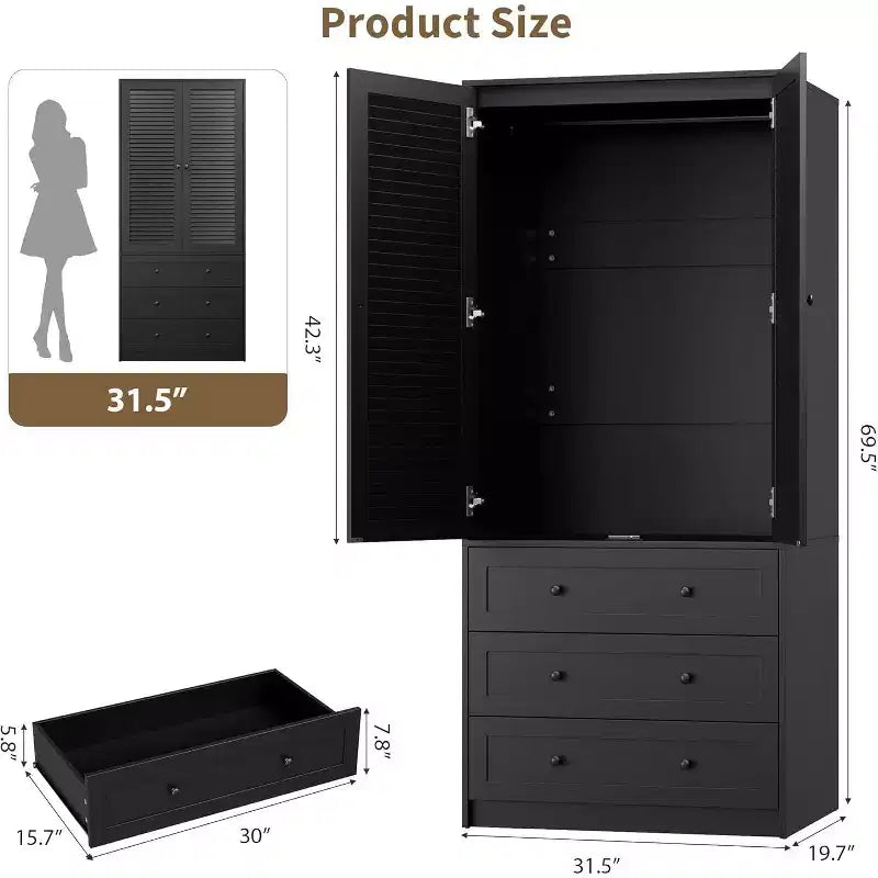 Armario ropero con cajones, armario de madera de 69.5 con barra para colgar, armario de almacenamiento de ropa de 2 puertas para dormitorio, puerta con persianas