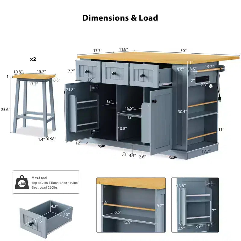 Isla de cocina grande con 2 taburetes de bar y toma de corriente, carrito de almacenamiento de cocina sobre 5 ruedas con ala abatible