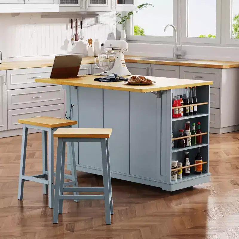 Isla de cocina grande con 2 taburetes de bar y toma de corriente, carrito de almacenamiento de cocina sobre 5 ruedas con ala abatible