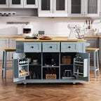 Isla de cocina grande con 2 taburetes de bar y toma de corriente, carrito de almacenamiento de cocina sobre 5 ruedas con ala abatible
