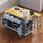 Isla de cocina grande con 2 taburetes de bar y toma de corriente, carrito de almacenamiento de cocina sobre 5 ruedas con ala abatible