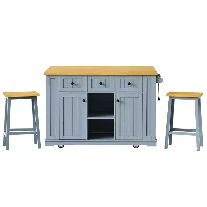 Isla de cocina grande con 2 taburetes de bar y toma de corriente, carrito de almacenamiento de cocina sobre 5 ruedas con ala abatible