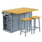 Isla de cocina grande con 2 taburetes de bar y toma de corriente, carrito de almacenamiento de cocina sobre 5 ruedas con ala abatible