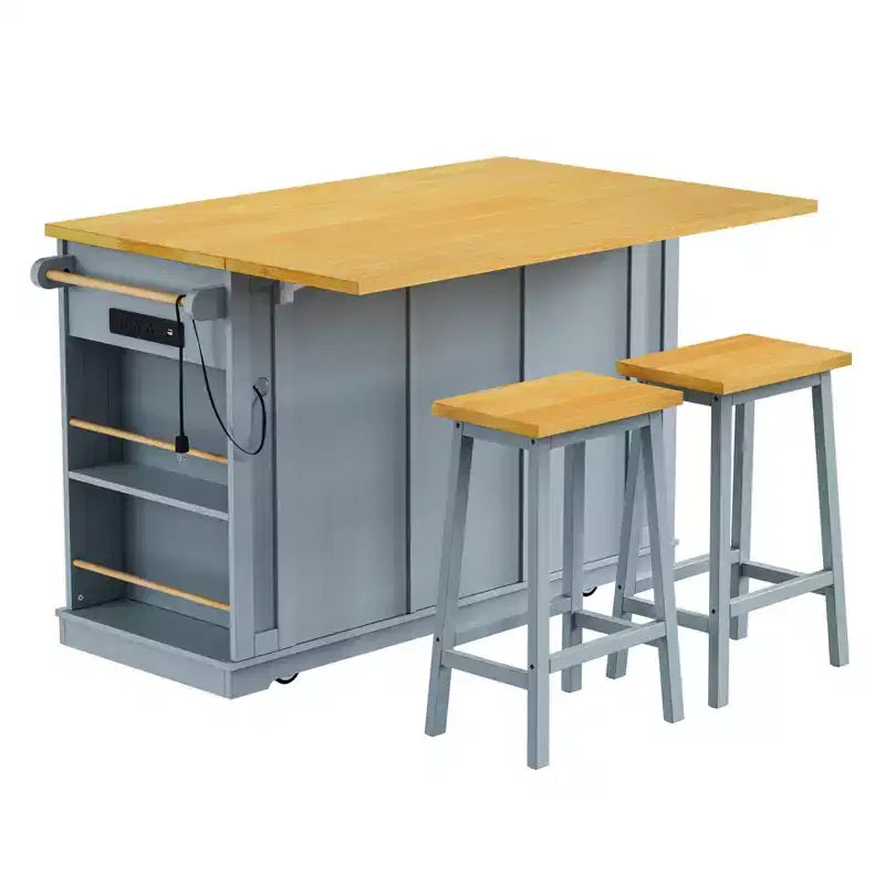 Isla de cocina grande con 2 taburetes de bar y toma de corriente, carrito de almacenamiento de cocina sobre 5 ruedas con ala abatible