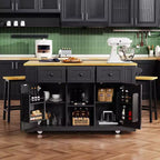 Isla de cocina grande con 2 taburetes de bar y toma de corriente, carrito de almacenamiento de cocina sobre 5 ruedas con ala abatible