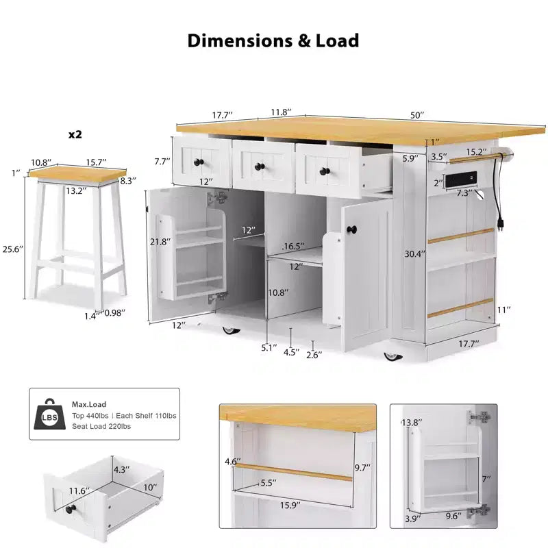 Isla de cocina grande con 2 taburetes de bar y toma de corriente, carrito de almacenamiento de cocina sobre 5 ruedas con ala abatible