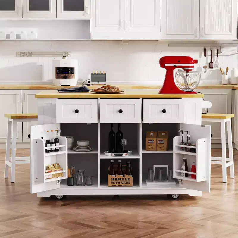 Isla de cocina grande con 2 taburetes de bar y toma de corriente, carrito de almacenamiento de cocina sobre 5 ruedas con ala abatible