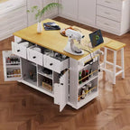 Isla de cocina grande con 2 taburetes de bar y toma de corriente, carrito de almacenamiento de cocina sobre 5 ruedas con ala abatible