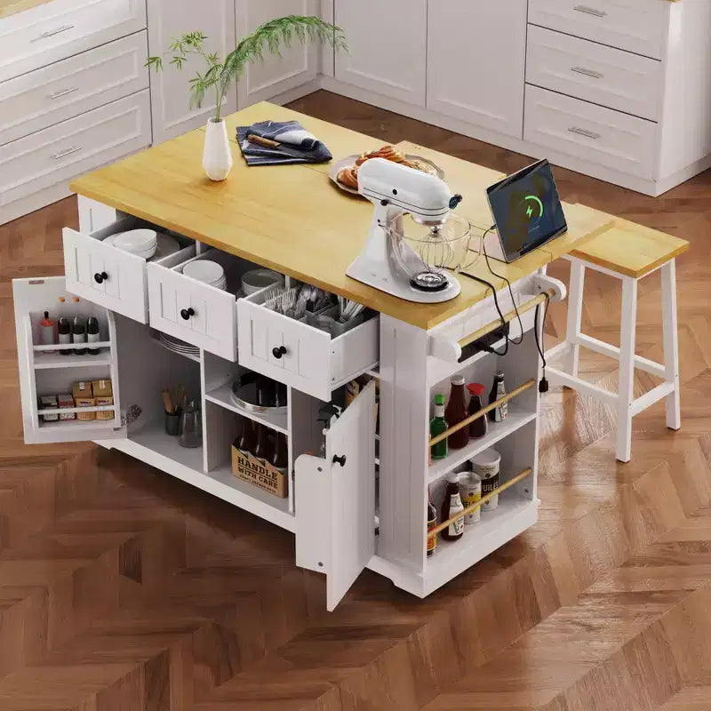 Isla de cocina grande con 2 taburetes de bar y toma de corriente, carrito de almacenamiento de cocina sobre 5 ruedas con ala abatible