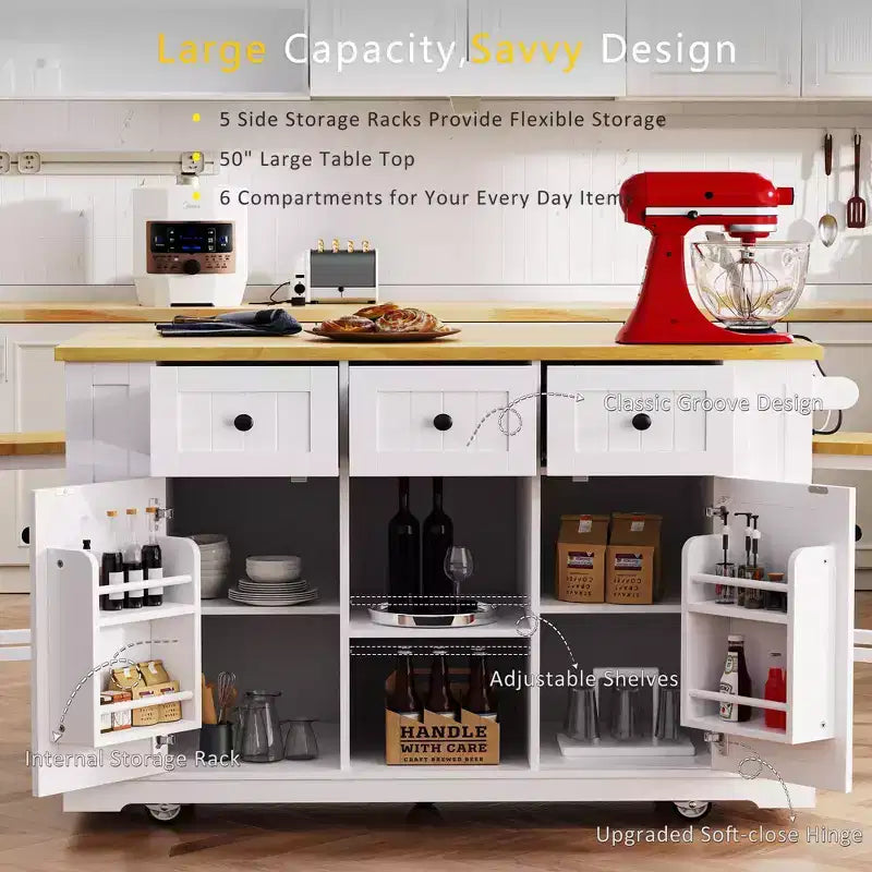 Isla de cocina grande con 2 taburetes de bar y toma de corriente, carrito de almacenamiento de cocina sobre 5 ruedas con ala abatible