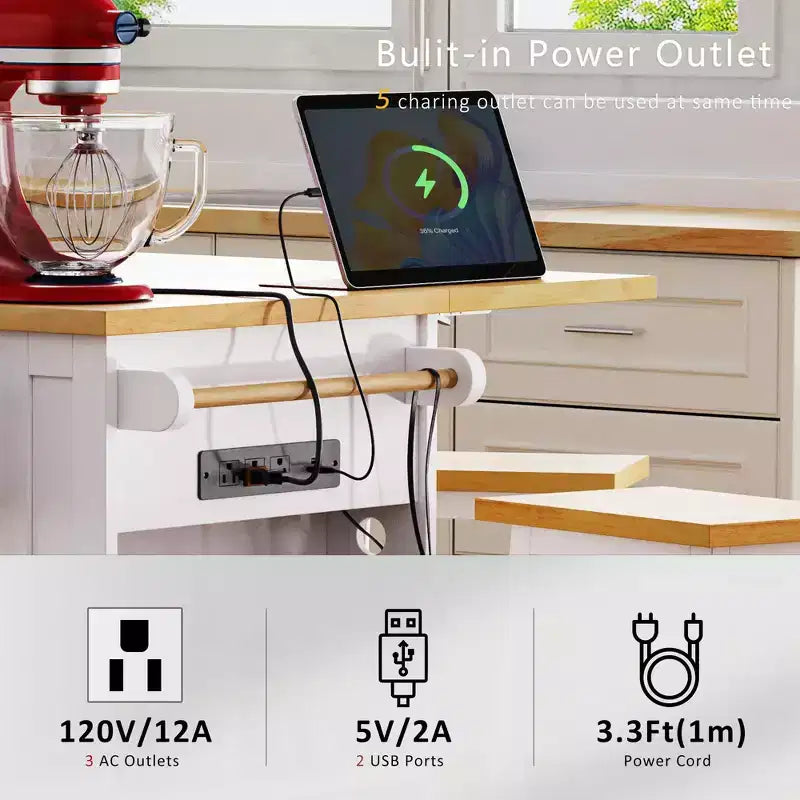 Isla de cocina grande con 2 taburetes de bar y toma de corriente, carrito de almacenamiento de cocina sobre 5 ruedas con ala abatible