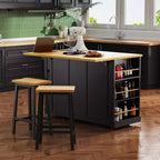 Isla de cocina grande con 2 taburetes de bar y toma de corriente, carrito de almacenamiento de cocina sobre 5 ruedas con ala abatible