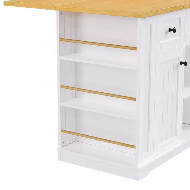 Isla de cocina grande con 2 taburetes de bar y toma de corriente, carrito de almacenamiento de cocina sobre 5 ruedas con ala abatible