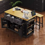Isla de cocina grande con 2 taburetes de bar y toma de corriente, carrito de almacenamiento de cocina sobre 5 ruedas con ala abatible