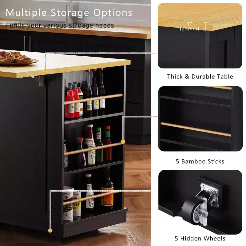 Isla de cocina grande con 2 taburetes de bar y toma de corriente, carrito de almacenamiento de cocina sobre 5 ruedas con ala abatible