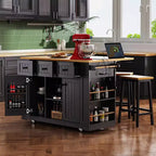 Large Kitchen Island with 2 Bar Stools and Power Outlet, Kitchen Storage Cart on 5 Wheels with Drop Leaf